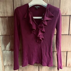 Ralph Lauren Vintage Knitwear Ribbed Sweater with Jabot in Plum Color